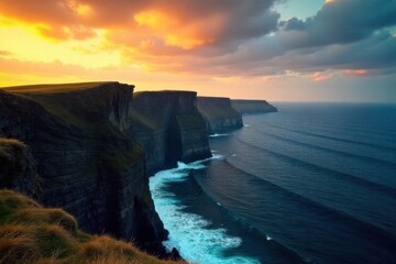 Golden hour light illuminating a rugged coastal cliff overlooking a vast, tranquil ocean, inspiring awe. A dramatic, rugged coastal cliff overlooking a vast, tranquil ocean during golden hour. Warm,