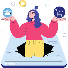 Woman Balancing Education and Shopping Cart Icons Emerging From Digital Screen With Play Button Above In Flat Design