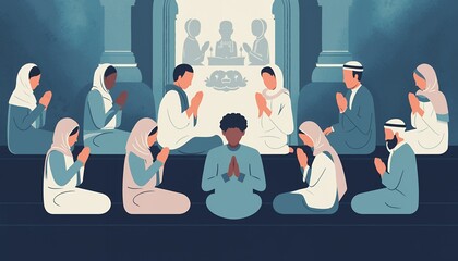 Islamic Praying Group People Sitting in Mosque During Prayer