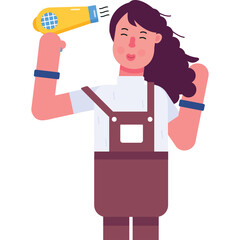 Woman Drying Her Long Purple Hair With A Yellow Hair Dryer Showing A Playful Expression In A Flat Design Style With A Transparent Background