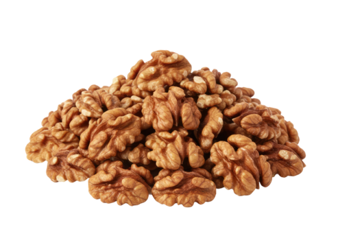 Large stack of walnut kernels for healthy eating isolated on transparent area