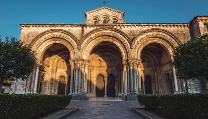 Ancient Romanesque Church Facade with Arches and Columns Under Blue Sky