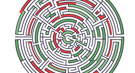 Intricate Circular Maze with Red and Green Segments Against a Clean White Backdrop