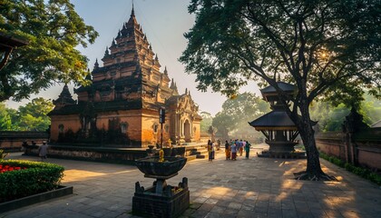 Ancient Buddhist Temple in Sunlit Garden with Tall Trees and Traditional Architecture