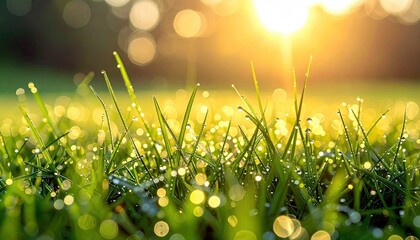 Dew drops on blades of green grass glisten in the warm sunlight, creating a serene and refreshing natural scene.