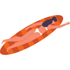 Woman In Bikini Floating On A Bright Orange Inflatable Raft During Summer Day With Clean Background