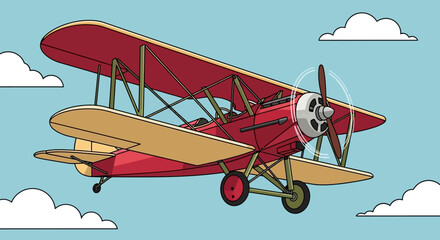 Vintage biplane flying gracefully through the sky with puffy white clouds backdrop offering a © Anisah