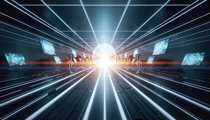 Futuristic Digital Data Center with Bright Light and Neon Lines in Science Fiction Style