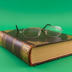 A pair of reading glasses resting on a large, ornate hardcover book with a green background creating a scholarly and intellectual atmosphere
