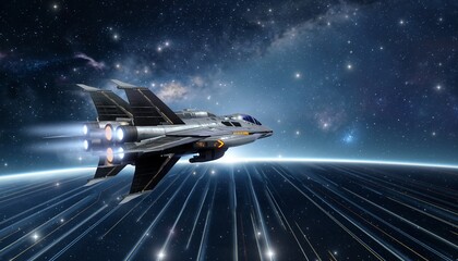 Futuristic Spacecraft Flying Over Earth at Night with Starry Sky and Milky Way
