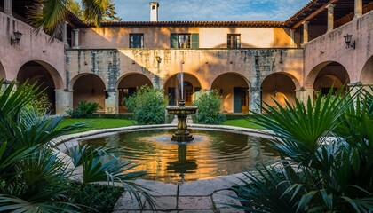 Historic Mediterranean Courtyard with Fountain and Lush Greenery in Warm Sunset Light