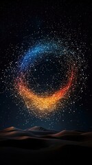A circular formation of glowing dots and connecting lines, transitioning from blue to orange, hovers above a dark, undulating desert landscape under a starry sk
