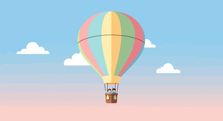 Delightful hot air balloon flight over pastel sunrise sky illustration with clouds