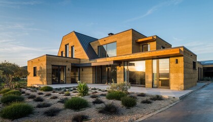 Modern Multi-level House with Large Windows and Contemporary Design in Sunset Lighting