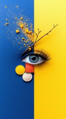 A striking visual merges a human eye with makeup elements and a twig, set against a bold split background of blue and yellow.