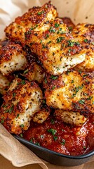 Golden brown, breaded chicken pieces are piled high in a dark bowl, served with a side of rich marinara sauce and sprinkled with fresh parsley.