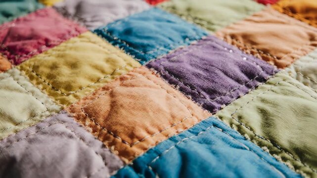 Close-up of a vibrant patchwork quilt with textured, stitched fabric squares