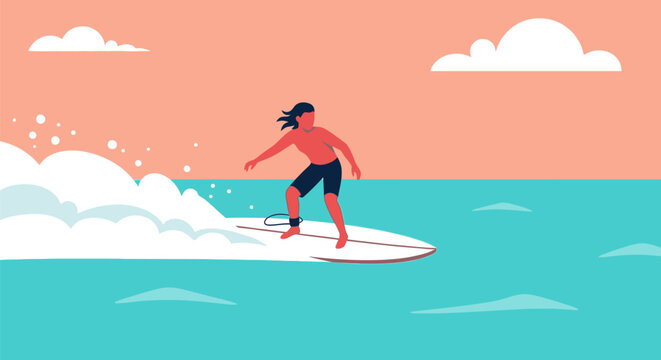 Illustration showcasing the thrill of surfing with dynamic waves and clear sky backdrop