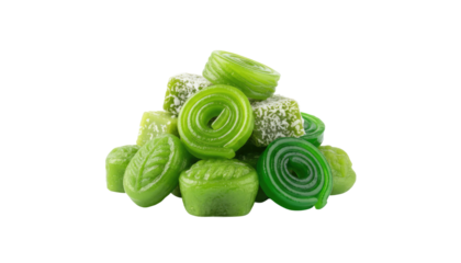 Pile of green marmalade candy rolls isolated on transparent background yummy snack