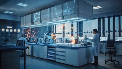 Modern Laboratory Scientists Working with Technology and Sparks in Advanced Research Facility