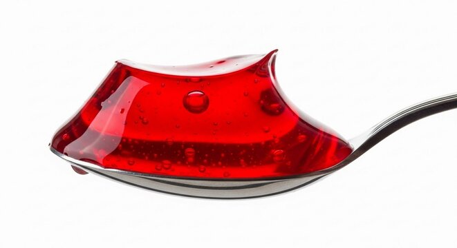 Close-up of a spoonful of glossy, vibrant red gelatin, showing its wobbly texture and embedded bubbles against a white background.