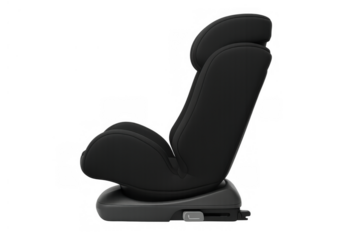 Black child car seat providing safety and protection for infant and toddler transportation, transparent background