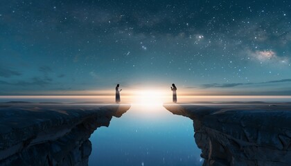 Night Sky Starry Landscape with Two People Standing on Opposite Cliffs Under Milky Way