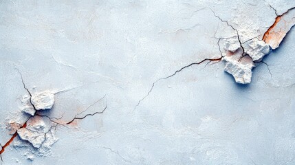 A textured, light blue-gray plaster wall with deep cracks and chipped away sections revealing an orange layer underneath.