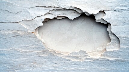 A detailed, abstract view of layered, cracked, and weathered white stone revealing a textured inner surface.