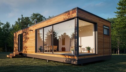 Modern Wooden Tiny House with Large Glass Windows in Natural Setting