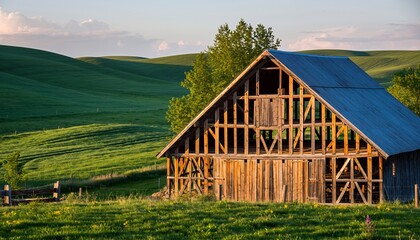 Rustic Wooden Barn in Green Rolling Hills Under Blue Sky