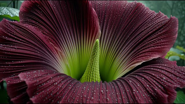 Amorphophallus titanum commonly known as the corpse flower in full bloom in a botanical garden.