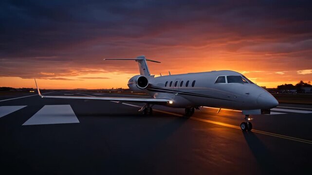 Private Jet on Runway During a Stunning Sunset