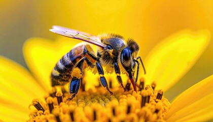 A detailed macro shot of a bee with pollen on its legs, actively feeding on the center of a vibrant yellow flower.