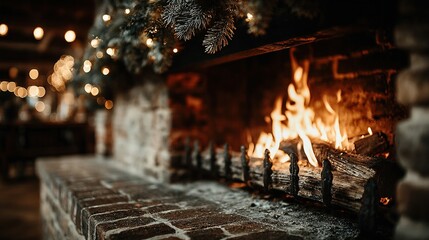 Cozy fireplace with burning logs and christmas decorations creates a warm atmosphere.