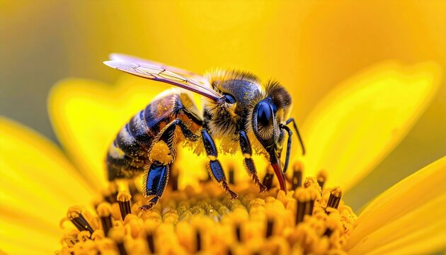 A detailed macro shot of a bee with pollen on its legs, actively feeding on the center of a vibrant yellow flower.