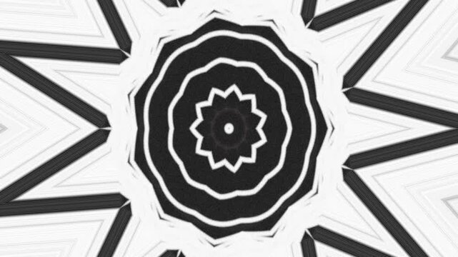 black white circular kaleidoscope, monochrome spinning pattern, rotating geometric circle loop, abstract black and white symmetry, seamless kaleidoscope rotation, hypnotic circular motion design, mand