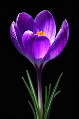 Naklejka premium Purple crocus flower against a softly blurred green background, minimalist, focus on texture, subtle light. A single purple crocus flower, viewed in close up, with extreme focus on the intricate
