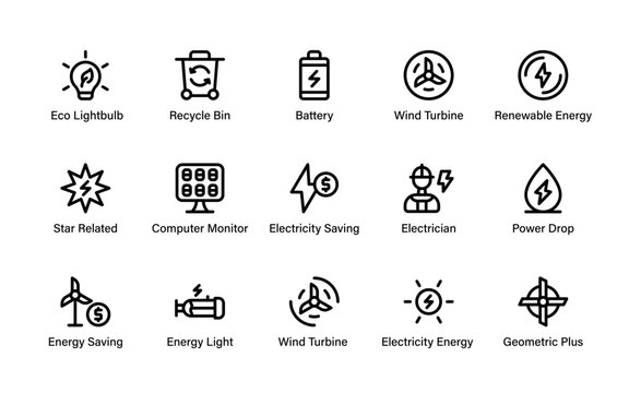 Eco Renewable Energy Icons Collection. Sustainable Environmental, Renewable Power, Green Solutions and Solar Energy Resources and Clean Power Symbols.