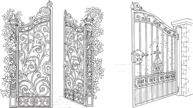 Ornate Wrought Iron Gates with Decorative Scrolls and Floral Motifs Line Art