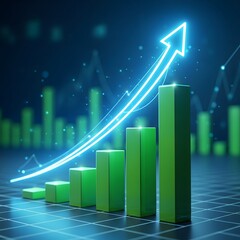 A digital illustration of a rising bar graph with an upward arrow indicating growth and progress in a technological or financial context