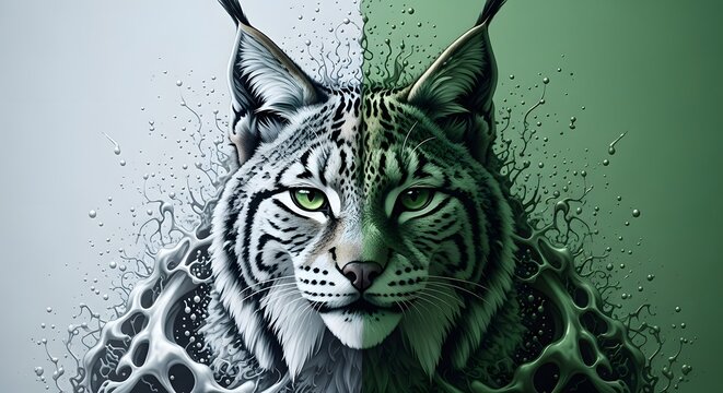 Mystic Lynx Portrait: Digital Art of Wild Cat in Green and White Slime - Powered by Adobe