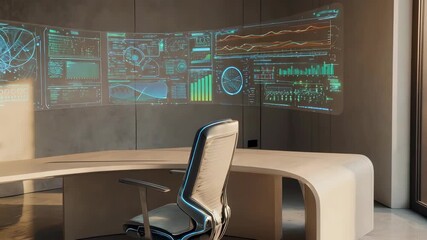 Modern office with curved desk, ergonomic chair, and futuristic data display