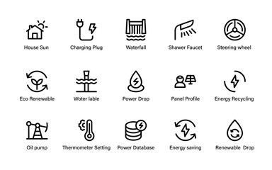 Eco Renewable Energy Icons Collection. Sustainable Environmental, Renewable Power, Green Solutions and Solar Energy Resources and Clean Power Symbols.