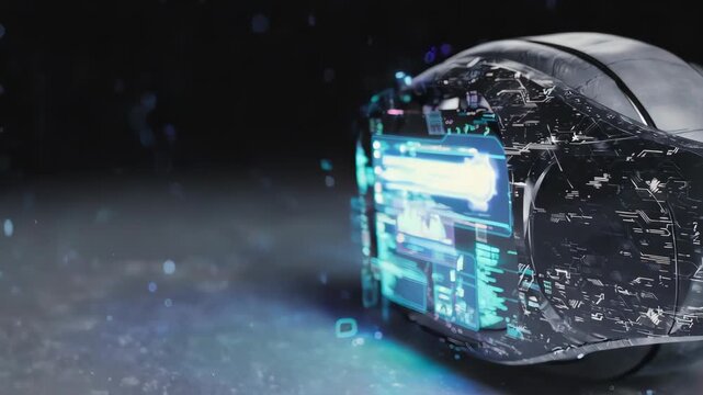 Futuristic headphones with embedded screen displaying data