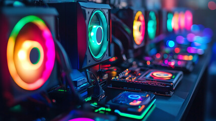 High-tech crypto mining computer setup with rows of GPUs glowing in cool LED light. Cables, rigs, and circuitry create a futuristic atmosphere, symbolizing blockchain, data power, and digital currency