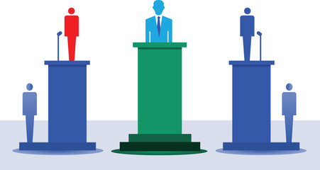 Three figures on podiums with a central figure in green debate election