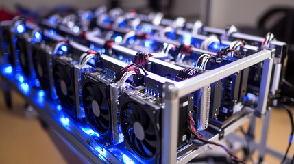 High-tech crypto mining computer setup with rows of GPUs glowing in cool LED light. Cables, rigs, and circuitry create a futuristic atmosphere, symbolizing blockchain, data power, and digital currency