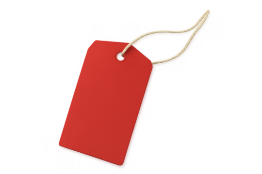 Red blank price tag with string providing space for custom text, ideal for retail sales and discounts on transparent background - Powered by Adobe