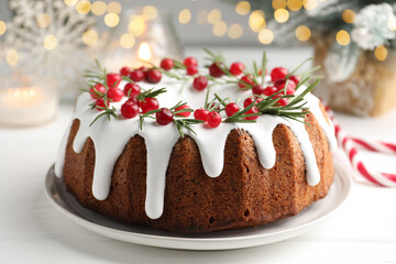 Tasty Christmas cake with icing, cranberries and rosemary on white wooden table, closeup